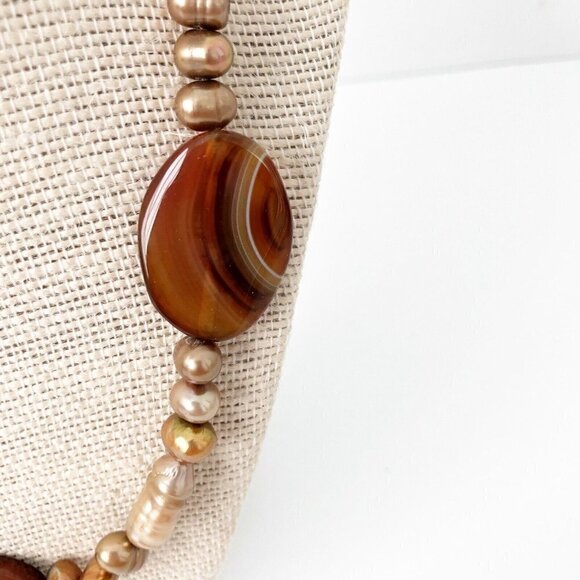 NWT Genuine Agate & Pearl Necklace Beaded Brown Bronze-Colored - Picture 2 of 6